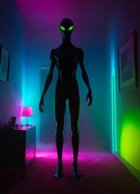 <lora:XL_silhouette:0.8> silhouette of an alien standing in bedroom (scary) <lora:gloomyXL:0.6> gloomy, volumetric lighting fog, subsurface scattering, Photorealistic, Hyperrealistic, analog style, realistic, film photography, soft lighting, heavy shadow, Color gradient of neon pink, neon blue, neon yellow, neon green