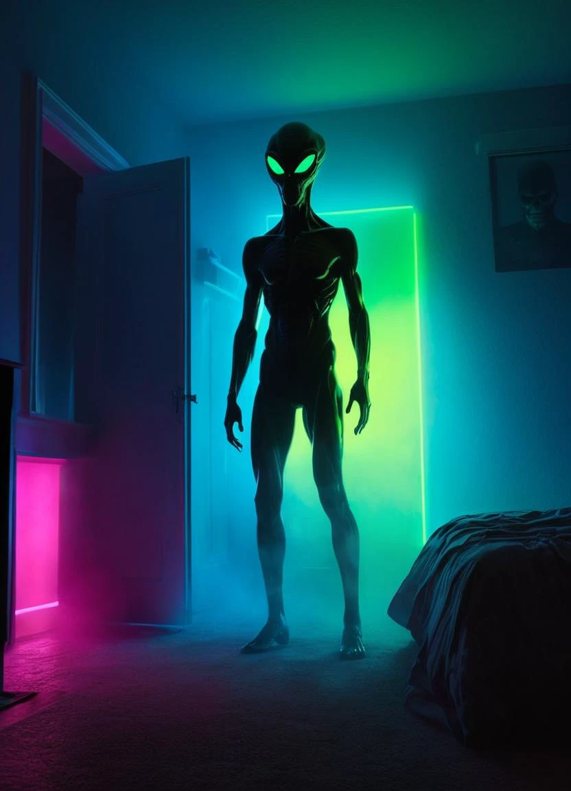 <lora:XL_silhouette:0.8> silhouette of an alien standing in bedroom (scary) <lora:gloomyXL:0.6> gloomy, volumetric lighting fog, subsurface scattering, Photorealistic, Hyperrealistic, analog style, realistic, film photography, soft lighting, heavy shadow, Color gradient of neon pink, neon blue, neon yellow, neon green