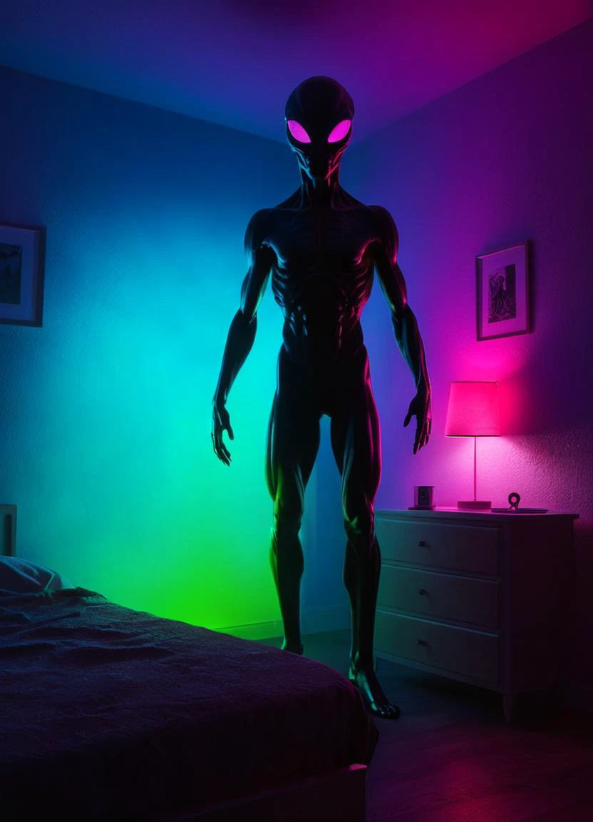 <lora:XL_silhouette:0.8> silhouette of an alien standing in bedroom (scary) <lora:gloomyXL:0.6> gloomy, volumetric lighting fog, subsurface scattering, Photorealistic, Hyperrealistic, analog style, realistic, film photography, soft lighting, heavy shadow, Color gradient of neon pink, neon blue, neon yellow, neon green
