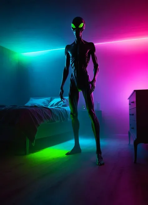 <lora:XL_silhouette:0.8> silhouette of an alien standing in bedroom (scary) <lora:gloomyXL:0.6> gloomy, volumetric lighting fog, subsurface scattering, Photorealistic, Hyperrealistic, analog style, realistic, film photography, soft lighting, heavy shadow, Color gradient of neon pink, neon blue, neon yellow, neon green