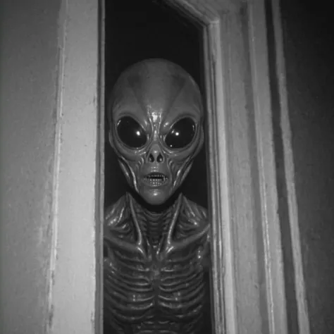 <lora:SDXL_CCTV:0.8> cctvfootage, cctvfootage from a scary alien by h r giger at night outside house looking into window, hidden camera, from above, monochrome, low quality, <lora:silhouette:0.2> silhouette