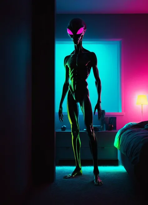 <lora:XL_silhouette:0.8> silhouette of an alien standing in bedroom (scary) <lora:gloomyXL:0.4> gloomy, subsurface scattering, Photorealistic, Hyperrealistic, analog style, realistic, film photography, soft lighting, heavy shadow, Color gradient of neon pink, neon blue, neon yellow, neon green