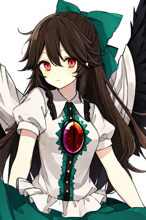<lora:reiuji_utsuho_touhou:1>, reiuji_utsuho_touhou, long hair, third eye, black hair, brown hair,
standing, upper body, close-up, bow, hair bow, green bow, wings, black wings, brown hair, cape,
(high quality:1.1), (high resolution:1.1), 4k, 1girl, simple background, white background ,reiuji_utsuho_touhou, <lora:style_Akakura:1:1:lbw=OUTALL> <lora:NoiseOffset_v2:1.0><lora:NoiseOffset_v2:1.0>