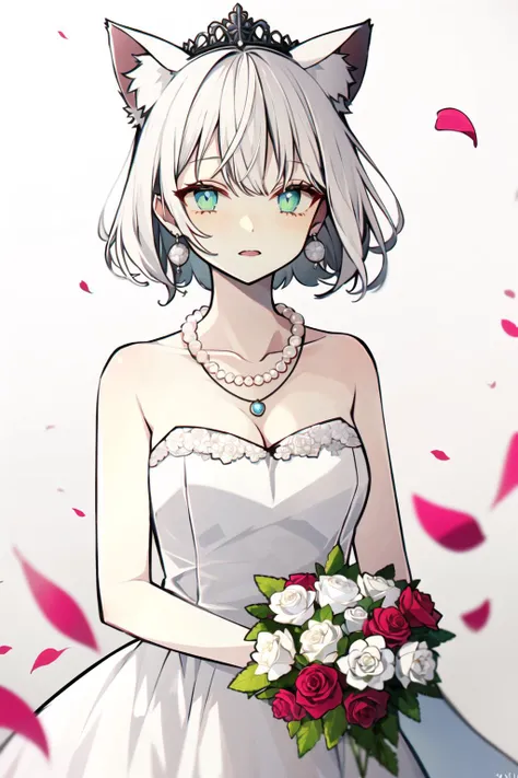 1girl, white_hair, green_eyes, animal_ear_fluff, animal_ears, bangs, bare_shoulders, bouquet, breasts, bridal_veil, cat_ears, cleavage, closed_mouth, collarbone, dress, earrings, falling_petals, flower, grey_background, jewelry, long_hair, medium_breasts, necklace, pearl_necklace, pendant, petals, rose, rose_petals, short_hair, sleeveless, sleeveless_dress, solo, strapless, strapless_dress, tiara, upper_body, veil, wedding_dress, white_dress <lora:style_Akakura:1.0>