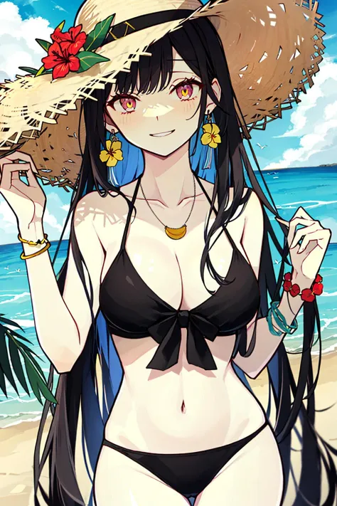 upper_body, palm_leaf, palm_tree, potted_plant, tree, hat, plant, 1girl, flower, leaf, straw_hat, hibiscus, coconut, jewelry, solo, spider_lily, breasts, earrings, branch, swimsuit, red_flower, cleavage, feathered_wings, bikini, looking_at_viewer, lily_\(flower\), long_hair, bamboo, collarbone, beach, smile, sunset, medium_breasts, tanzaku, outdoors, hands_up, leaf_background, sun_hat, black_hair, upper_body, bracelet, bangs, bikini_top, tanabata, hands_on_headwear, parrot <lora:style_AkakuraT26:1>