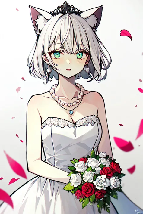 1girl, white_hair, green_eyes, animal_ear_fluff, animal_ears, bangs, bare_shoulders, bouquet, breasts, bridal_veil, cat_ears, cleavage, closed_mouth, collarbone, dress, earrings, falling_petals, flower, grey_background, jewelry, long_hair, medium_breasts, necklace, pearl_necklace, pendant, petals, rose, rose_petals, short_hair, sleeveless, sleeveless_dress, solo, strapless, strapless_dress, tiara, upper_body, veil, wedding_dress, white_dress <lora:style_AGMN16:1.0>