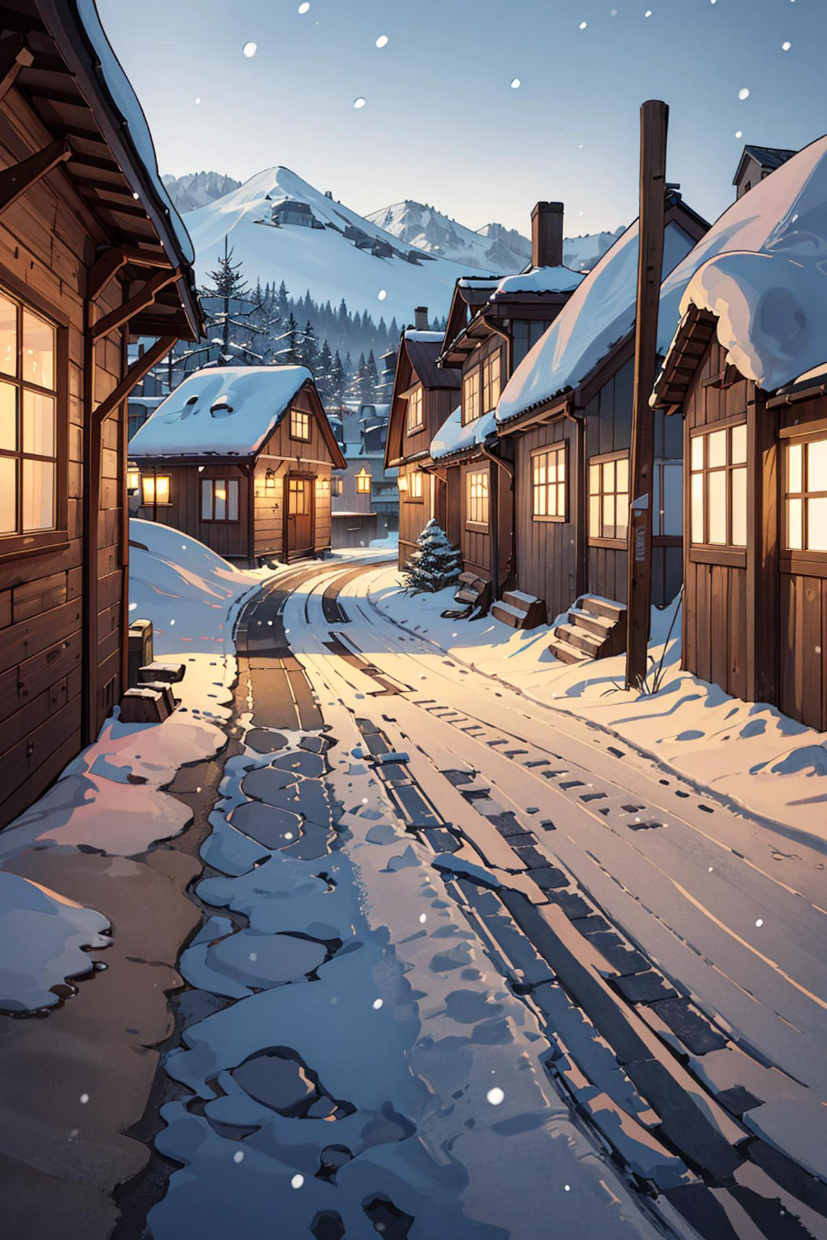 ((masterpiece)), (best quality), official art, extremely detailed CG, unity 8k wallpaper, ultra detailed, highly detailed, detailed background, vivid color,
european style alley, lake, downhill, wooden house, colorful house, colorful wall, (snow:1.4), snowing, snow piled up, cobblestone road, broad road, good outlook, long path, you can see far away,BREAK,
(1girl:1.6), standing, from behind, barefoot,
night, <lora:European style Alley:0.6>