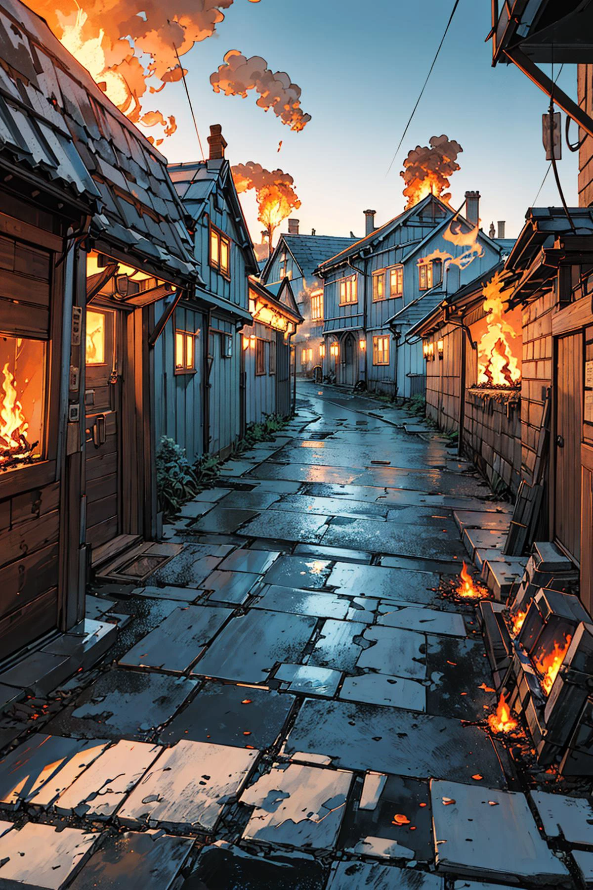 ((masterpiece)), (best quality), official art, extremely detailed CG, unity 8k wallpaper, ultra detailed, highly detailed, detailed background, vivid color, photorealistic, perfect lighting, best illumination,
european style alley, ocean, downhill, wooden house, colorful house, colorful wall, (fire on house:1.4), (burning:1.4), (flame:1.3), (fire:1.4), big fire, flags,
cobblestone road, broad road, good outlook, long path, you can see far away,
day, <lora:European style Alley:0.6>