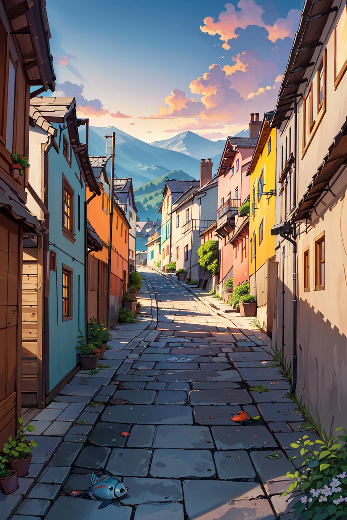 ((masterpiece)), (best quality), official art, extremely detailed CG, unity 8k wallpaper, ultra detailed, highly detailed, detailed background, vivid color, photorealistic, perfect lighting, best illumination,
european style alley, mountain, downhill, wooden house, colorful houses, colorful wall, cobblestone road, broad road, good outlook, fishy village,
sunset, <lora:European style Alley:0.8>