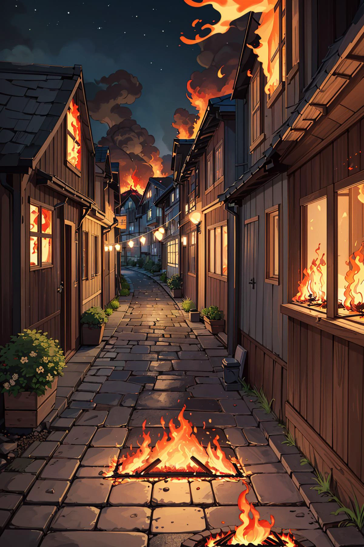 ((masterpiece)), (best quality), official art, extremely detailed CG, unity 8k wallpaper, ultra detailed, highly detailed, detailed background, vivid color,
european style alley, lake, downhill, wooden house, colorful house, colorful wall, (fire on house:1.4), (burning:1.4), (flame:1.3), (fire:1.4), big fire, flags,
cobblestone road, broad road, good outlook, long path, you can see far away,
1girl, standing, from behind, barefoot,
night, <lora:European style Alley:0.6>