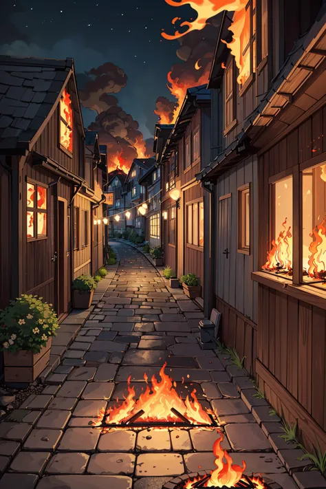 ((masterpiece)), (best quality), official art, extremely detailed CG, unity 8k wallpaper, ultra detailed, highly detailed, detailed background, vivid color,  
european style alley,  lake, downhill, wooden house, colorful house, colorful wall, (fire on house:1.4), (burning:1.4), (flame:1.3), (fire:1.4), big fire, flags, 
cobblestone road, broad road, good outlook, long path, you can see far away,
1girl, standing, from behind, barefoot, 
night, <lora:European style Alley:0.6>