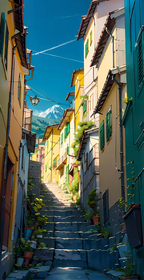 Ea narrow street with a yellow building and a green building on the other side of the street and a mountain in the distance, scenery, city, building, tree, sky, road, street,best quality,masterpiece , <lora:European style Alley:0.6>