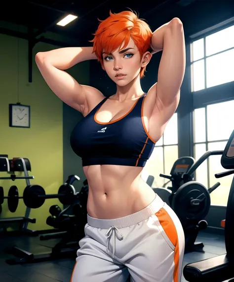 woman, detailed skin, defined jawline, blue eyes, (short spiky haircut, bangs, orange hair), (perfect anatomy, athletic body, sexy), (navy blue sports bra:1.2), (loose baggy white sweatpants:1.2), (standing, hands behind head), smooth armpits, (cowboy shot photograph), (indoor gym background, gym equipment), realistic