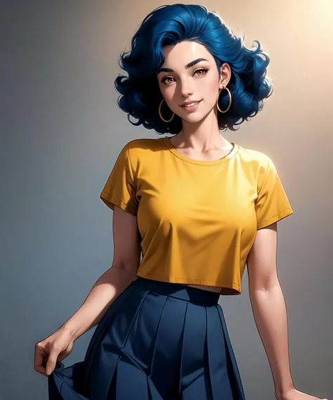 woman, perfect face, defined jawline, beautiful lips, (cute smile), (beautiful bright red eyes), (blue hair, curly 80s hairstyle:1.2), (gold hoop earrings), (plain pale yellow t-shirt), (dark blue pleated skirt), standing, (cowboy shot photograph), (well lit studio background), realistic