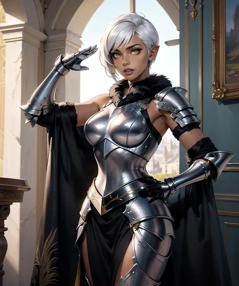 woman in her 20s, (dark skin:1.3), (perfect face), defined jawline, beautiful lips, (beautiful bright yellow eyes), (short white pixie haircut:1.2), (heavy-plated armor, rugged), (heavy-plated gauntlets, fur lining), smooth armpit, (standing, one arm saluting), looking at viewer, (medium shot photograph:1.2), (fantasy castle interior background), realistic