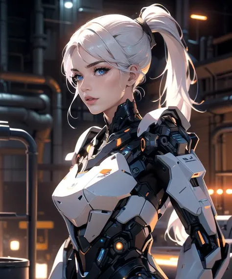 woman in her 20s, Korean, (perfect face), defined jawline, beautiful lips, (beautiful bright blue eyes), (white hair, ponytail), (perfect anatomy), (athletic body), (sexy), (perfect hands), (intricate geometric robotic white body armor, orange and gunmetal accents), (looking at viewer), (medium shot photograph), (futuristic industrial factory background), <lyco:Robotaction:0.8>, realistic