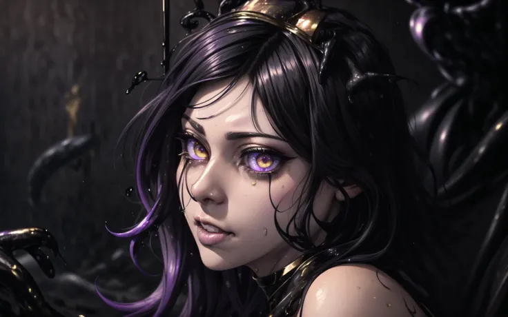 violet glowing eyes, gold lips, (full body:1.2) presenting, running mascara
eldritch horror (black slime: 1.2) dripping,
(flirty:1.3) smirk parted lips gold eyes, licking, (worms:1.3) melting drenched swimming dripping, gasping, crying, pleasure, surrender, (bdsm:1.4), swamp
bokeh, LSD,
<lora:trippy tears-v9:0.35>
(galaxy hair:1.2),
<lora:more_details:0.8> <lora:Elixir:0.8> <lora:r1ge - AnimeRage:0.2> ,
by Lisa Frank, saint seiya,
<lora:elusive-butterfly:01>