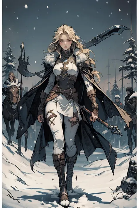 1girl, barbarian queen, majectic, toned body, giant axe, full body, pale skin, snow, dynamic pose, perspective, axe swing, fur cape, iron gauntlet, iron tunic, long blonde flowing hair,, mature woman, <lora:UnlimitedBladeWorks1.6:0.5> Axe <lora:LnF:0.15> LnF <lora:Painted_poster_V1-000035_1_pp:0.25> Painted poster, 1girl <lora:EF-LowRA:0.15> dark theme <lora:Ladies Armor - Life Like Diffusion:0.15> <lora:EF-add_detail:0.5>, snowy battlefield <lora:DarkSpheraStyle:0.25> DarkSpheraStyle <lora:cool girl_20230913102000:0.5> cool girl <lora:ww:0.25> <lora:aki:0.15> alphonse mucha<lora:EF-GoodHands-beta2:0.5><lora:EF-GoodHands-beta2:0.5>