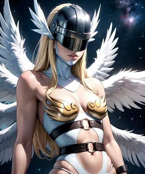 angewomon, 1girl, long hair, helmet, belt, blonde hair, ((busty, deep cleavage)), ((standing solo)), covered eyes, thight strap, wings, asymmetrical clothes, shawl, angel wings, multiple wings, gloves, cleavage, navel, belt, bare shoulders, head wings, winged helmet, armor, feathered wings, masterpiece, highres, best quality, wonderful blue-sky background, big clouds, life, ((close-up shot, upside view))