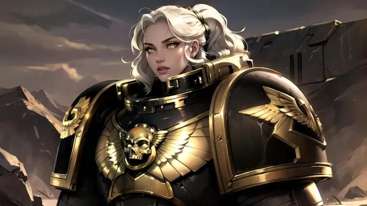 woman, (perfect face), defined jawline, beautiful lips, (beautiful bright yellow eyes), (long white hair), (detailed bulky black space marine armor, metallic reflections, gold accents:1.2), (looking off to the distance), (medium shot photograph), (arid tundra background), <lora:WH40K:0.8>, realistic
