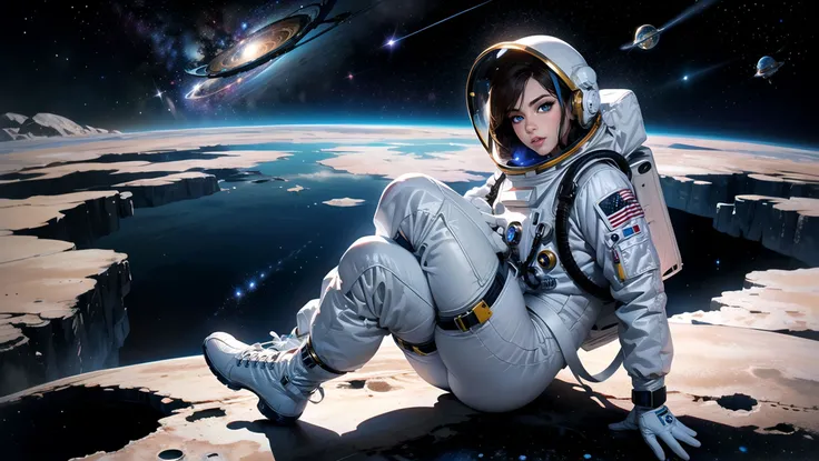 woman in her 20s, (beautiful bright blue eyes), (brown hair), (intricate astronaut spacesuit), (wearing a big astronaut space helmet), (big space gloves), (white space boots), (floating in space), (looking at the stars), (starry cosmic outer space background), (full body shot photograph:1.2), realistic