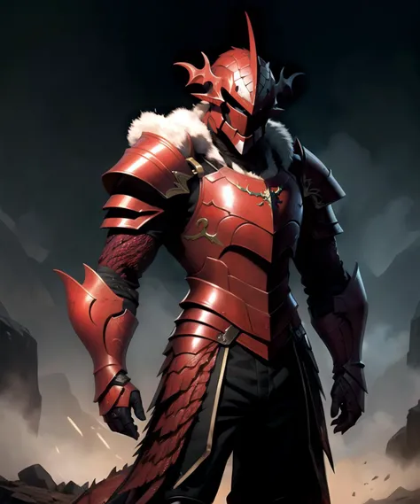 man, (red draconic helmet), (red draconic armor, rugged chest plate, dragon scales:1.3), (white fur lining), (dragon scales gauntlets), (knight faulds:1.2), (full leg armor, armored pants:1.2), (standing), (looking at viewer), (cowboy shot photograph), (dark valley background), realistic