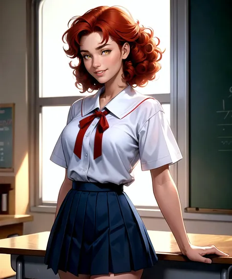 woman, perfect face, defined jawline, beautiful lips, (cute smile), (beautiful bright yellow eyes), (red hair, curly 80s hairstyle:1.2), (white JK school uniform, red ribbon, dark blue pleated skirt:1.2), standing, (cowboy shot photograph), (well-lit classroom background), realistic