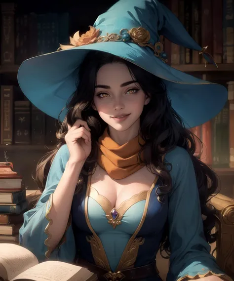 woman, (detailed skin), (perfect face), defined jawline, beautiful lips, (cute cheerful facial expression, beautiful wide smile), (beautiful bright orange eyes), (long dark brown flowing wavy hair), (intricate blue long-sleeved enchantress outfit), scarf, (big intricate blue witch hat), (warm volumetric lighting), looking at viewer, (medium shot photograph), (vibrant magic library background), realistic