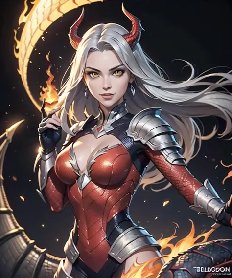 (masterpiece), (high quality), woman in her 20s, (perfect face), defined jawline, beautiful smile, (beautiful bright yellow eyes), (red detailed dragon scales on skin:1.2), (red scaly dragon armor:1.2), (sexy), (long flowing silver hair), 2 symmetrical short sharp gazelle horns on forehead, (perfect hands), blazing flames emitting form hands, (dark flaming background), (medium shot photograph), (looking at viewer), (trending on ArtStation, trending on CGSociety), (by Artgerm), (by Beln Ortega), (by Dan Mora), (by Terry Dodson), octane render, unreal engine, modelshoot style, realistic