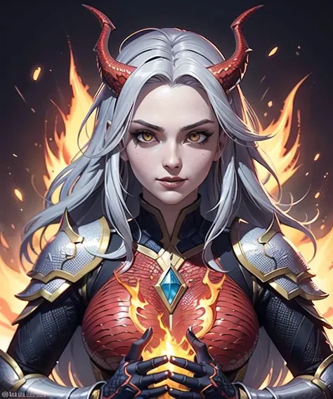 (masterpiece), (high quality), woman in her 20s, (perfect face), defined jawline, beautiful smile, (beautiful bright yellow eyes), (red detailed dragon scales on skin:1.2), (red scaly dragon armor:1.2), (sexy), (long flowing silver hair), 2 symmetrical short sharp gazelle horns on forehead, (perfect hands), blazing flames emitting form hands, (dark flaming background), (medium shot photograph), (looking at viewer), (trending on ArtStation, trending on CGSociety), (by Artgerm), (by Beln Ortega), (by Dan Mora), (by Terry Dodson), octane render, unreal engine, modelshoot style, realistic