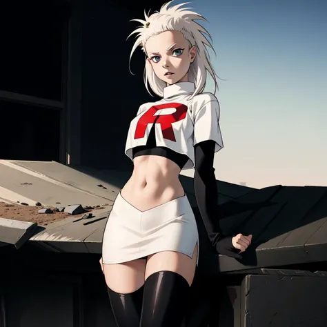 1girl, solo, outdoors, day, sky, full body, <lora:teamRocketUniform_V1:1>, team rocket uniform, white shirt, crop top, white skirt, miniskirt, midriff, zettai ryouiki, boots, black thighhighs, red "R", clothes writing, yolandi, <lora:yolandi:1>, bangs, generation 2