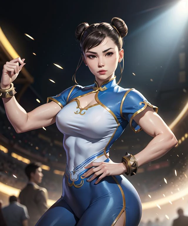 woman in her 20s, chunlims, (perfect face), defined jawline, beautiful brown eyes, beautiful lips, (short brown hair, hair bun, double bun), (perfect anatomy), (athletic body), (sexy), (thick thighs), (perfect hands), (blue cheongsam), tight blue track pants, spiky bracelets, looking at viewer, (medium full shot photograph), (fighting arena background), realistic <lora:chunLiStreetFighter_v10:0.7>