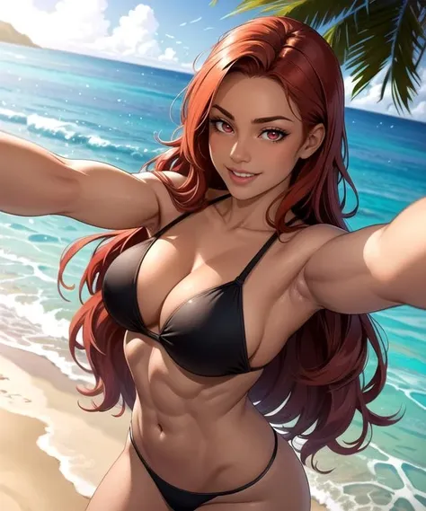 woman, (dark skin:1.3), (perfect face), defined jawline, beautiful lips, (beautiful smile, cute cheerful facial expression), (beautiful bright red eyes), (long flowing red hair), (perfect anatomy), (athletic body), (sexy), abs, smooth armpits, (black bikini), (arms reaching out), (selfie photograph:1.2), (tropical beach background), realistic