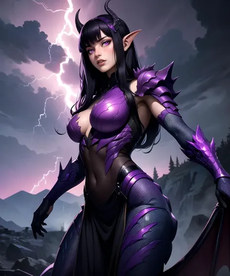 (lizard humanoid mutant hybrid:1.2), pink eyes, (long flowing black hair, straight bangs), (sexy), goat horns, (detailed purple scaly skin), (intricate purple scaly dragon armor), looking at viewer, (medium shot photograph), (dark thunderstorm background. purple lightning), realistic