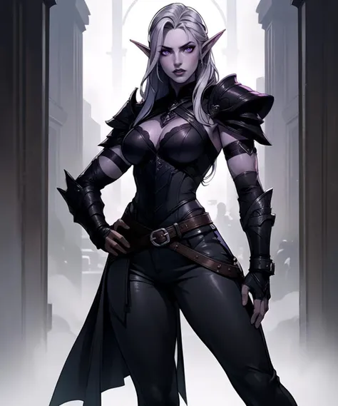 woman, (drow, dark elf), (purple skin), purple eyes, dark purple lips, (long straight silver hair), elf ears, (perfect hands), (black intricate leather rogue assassin outfit:1.2), (shoulder armor:1.2), (steel arm bracers), (black pants), (standing, hand on waist:1.2), (looking at viewer), (medium shot photograph), (dark temple interior background:1.2), <lora:drow_offset:0.7>, realistic