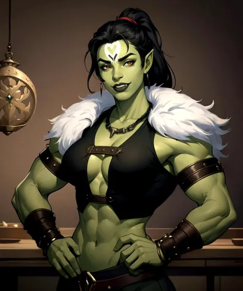 woman, shewoworc, olive green skin, (perfect face), defined jawline, beautiful dark green lips, (seductive smile, showing teeth:1.2), (beautiful bright red eyes), (long black braided ponytail:1.2), (green skin), (perfect anatomy), (athletic body), (sexy), exposed midriff, abs, (white tribal face paint:1.2), (intricate black tribal heavy-plated rugged breastplate, white fur lining:1.2), (intricate silver arm bracers studded with gems), (intricate ancient tribal bone necklace), (standing, hand on waist, flexing biceps), (head tilted upwards:1.2), (looking at viewer), (medium shot photograph), (medieval fantasy tavern interior background:1.2), <lora:sxz-orcs:0.6>, realistic