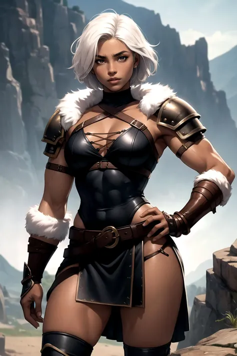 woman, (Latina), (dark skin:1.2), (detailed skin), (perfect face), defined jawline, beautiful lips, (beautiful bright brown eyes), (short white hair:1.3), (perfect anatomy), (muscular), (sexy, thick:1.2), (rustic leather barbarian armor, fur lining), (leather gauntlets), (barbarian battle skirt), (standing, warrior pose), (looking at viewer), (medium shot photograph), (rocky valley background), realistic