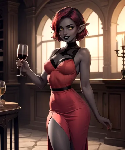 woman, (dark gray skin:1.2), (perfect face), defined jawline, beautiful black lips, (flirty smile, sharp teeth), (beautiful bright yellow eyes), (short black pixie haircut, red highlights), (elf ears), (long elegant crimson red dress, sleeveless), (standing, holding a glass of wine with one hand), (looking at viewer), (medium shot photograph), (gothic castle interior background), <lora:ColoredSkin:0.7>, realistic