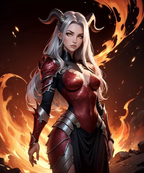 lizard girl hybrid, yellow eyes, (long flowing silver hair), (sexy), goat horns, (detailed red scaly skin), (intricate red scaly dragon armor), looking at viewer, (medium shot photograph), (dark flaming background), realistic