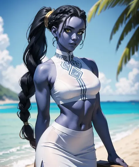 (masterpiece), (high quality), woman in her 20s, (perfect face), defined jawline, beautiful lips, (beautiful bright yellow eyes), (black cornrows hair, long braided ponytail:1.2), (blue skin:1.3), (perfect anatomy), (athletic body), (sexy), exposed midriff, (perfect hands), (white intricate sleeveless tribal outfit:1.2), (long white maxi skirt), leather bracers, (tropical beach background), (medium shot photograph), (looking at viewer), (trending on ArtStation, trending on CGSociety), (by Artgerm), (by Beln Ortega), (by Dan Mora), (by Terry Dodson), octane render, unreal engine, modelshoot style, photorealistic, <lora:coloredSkinCONCEPT_v219:1>