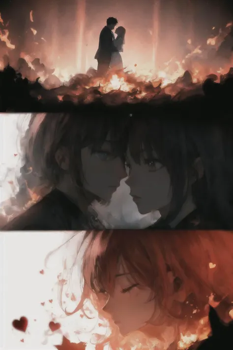 Color splash portrait lineart of a heart burning into ashes in the foreground and man kissing a woman in the shadows in the background, 8k, highly detailed, dynamic, masterpiece, . Blurred motion, streaks of light, surreal, dreamy, ghosting effect, highly detailed