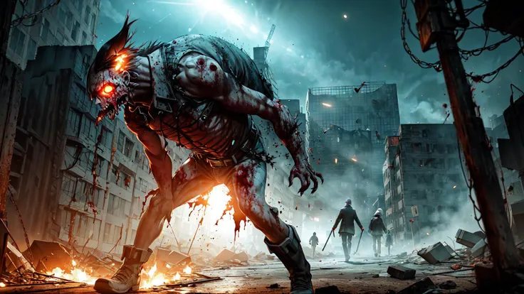 horror animation, very detailed, zombies ravage a post-apocalyptic city, (((zombie focused))), very detailed, high-quality cosmic colors with surreal precision, scaling, in the style of Studio Ghibli, repeating the atmosphere of fear, blurring the line between reality and madness, anime ((soul eater:1.3)) monster hunters, hunt the zombies and fight, ultra-detailed holographic glow, particles of light, 32k resolution, photo-realistic rendering, the best quality,<lora:tangbohu-detailer_1.0:.4> <lora:epi_noiseoffset2:1> <lora:FujiVelvia50:1>