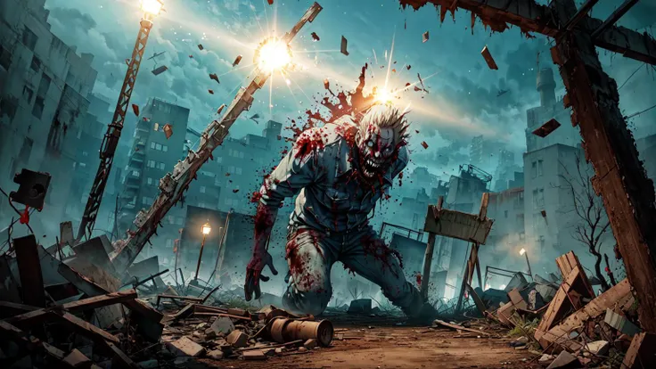 horror animation, very detailed, zombies ravage a post-apocalyptic city, (((zombie focused))), very detailed, high-quality cosmic colors with surreal precision, scaling, in the style of Studio Ghibli, repeating the atmosphere of fear, blurring the line between reality and madness, anime ((soul eater:1.3)) monster hunters, hunt the zombies and fight, ultra-detailed holographic glow, particles of light, 32k resolution, photo-realistic rendering, the best quality,<lora:tangbohu-detailer_1.0:.4> <lora:epi_noiseoffset2:1> <lora:FujiVelvia50:1>