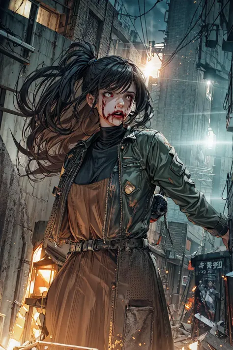 horror illustration, very detailed, zombies in a post-apocalyptic city, zombie focused, very detailed, high-quality cosmic colors with surreal precision, scaling, in the style of Studio Ghibli, repeating the atmosphere of fear, blurring the line between reality and madness, anime ((demon slayer:1.3)) , ultra-detailed holographic glow, particles of light, panoramic view, 32k resolution, photo-realistic rendering, the best quality,<lora:tangbohu-detailer_1.0:1> <lora:epi_noiseoffset2:1> <lora:FujiVelvia50:1>