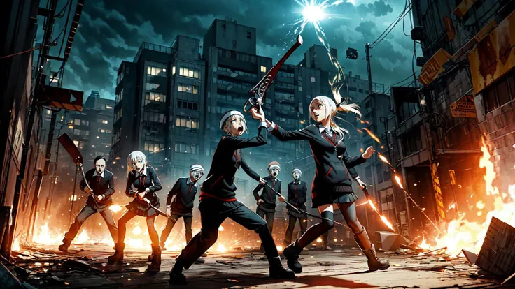 horror animation, very detailed, Zombies ravage a post-apocalyptic city, attacking survivors, monster hunters, hunt the zombies and fight, (((fight focused))), very detailed, high-quality cosmic colors with surreal precision, scaling, in the style of Studio Ghibli, repeating the atmosphere of fear, blurring the line between reality and madness, anime ((soul eater:1.3)), ultra-detailed holographic glow, particles of light, 32k resolution, photo-realistic rendering, the best quality,<lora:tangbohu-detailer_1.0:.4> <lora:epi_noiseoffset2:1> <lora:FujiVelvia50:1>