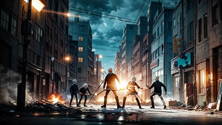 horror animation, very detailed, Zombies ravage a post-apocalyptic city, attacking survivors, monster hunters, hunt the zombies and fight, (((fight focused))), very detailed, high-quality cosmic colors with surreal precision, scaling, in the style of Studio Ghibli, repeating the atmosphere of fear, blurring the line between reality and madness, anime ((soul eater:1.3)), ultra-detailed holographic glow, particles of light, 32k resolution, photo-realistic rendering, the best quality, <lora:tangbohu-detailer_1.0:.4> <lora:epi_noiseoffset2:1> <lora:FujiVelvia50:1>