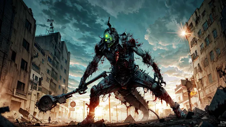 horror animation, very detailed, zombies ravage a post-apocalyptic city, (((zombie focused))), very detailed, high-quality cosmic colors with surreal precision, scaling, in the style of Studio Ghibli, repeating the atmosphere of fear, blurring the line between reality and madness, anime ((soul eater:1.3)) monster hunters, hunt the zombies and fight, ultra-detailed holographic glow, particles of light, panoramic view, 32k resolution, photo-realistic rendering, the best quality,,<lora:tangbohu-detailer_1.0:1> <lora:epi_noiseoffset2:1> <lora:FujiVelvia50:1>