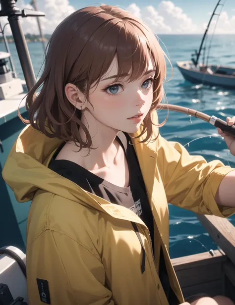 (masterpiece:1.2), best quality, photo of beautiful female fisherman, gingerhair, 40yo, wearing yellow raincoat, (on fishing boat:1.3), dark clouds, Photorealistic, Hyperrealistic, Hyperdetailed, analog style, hip cocked, demure, low cut, detailed skin, matte skin, soft lighting, subsurface scattering, realistic, heavy shadow, masterpiece, best quality, ultra realistic, 8k, golden ratio, Intricate, High Detail, film photography, soft focus