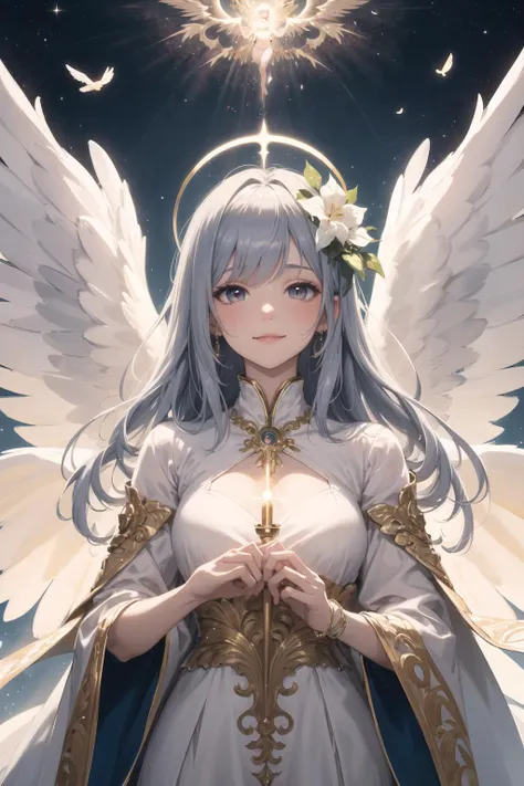 Kirifuji nagisa, long hair, smile, bangs, hair ornament, long sleeves, dress, holding, closed mouth, wings, hair flower, neckerchief, halo,
angelic figure, radiant light rays, heavenly backdrop, soft clouds, shimmering light, ornate decorations, ethereal beauty, celestial realm, golden gates, flowing white robes, glowing halo, iridescent wings, lush detail, breathtaking, crystalline harp, surrounded by cherubs, in the midst of a divine choir, transcendent tranquility, peaceful ambiance, heavenly bodies glowing in the distance, gentle breeze rustling feathers, (masterpiece:1. 0), (best quality:1. 3), (ultra highres:1. 2), (intricate details:1.3) ,1girl