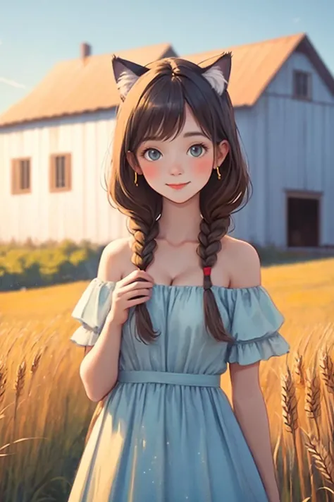 young 1girl with braided hair and fluffy cat ears, dressed in Off-Shoulder Sundress, standing in a rustic farm setting. She has a soft, gentle smile, expressive eyes and sexy cleavage. The background features a charming barn, fields of golden wheat, and a clear blue sky. The composition should be bathed in the warm, golden hour light, with a gentle depth of field and soft bokeh to accentuate the pastoral serenity. Capture the image as if it were taken on an old-school 35mm film for added charm, looking at viewer,  <lora:chalklora:1>chalk_drawing